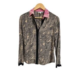 Trina Turk women's silk button down‎ brown pink blouse size Petite